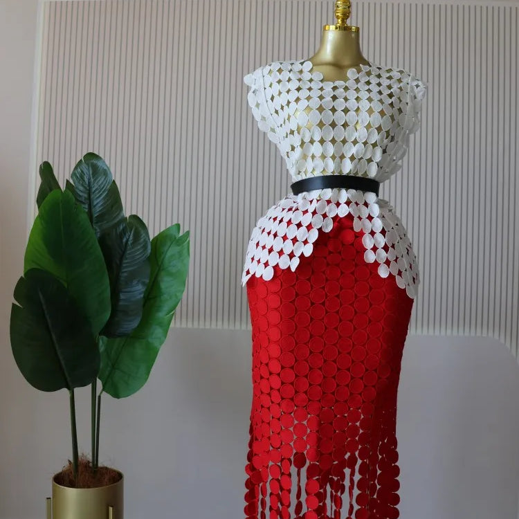 CM.YAYA Women Cutout O-neck Crop Top and Bodycon Midi Slim Maxi Long Skirt Suit 2025 Summer Vacation Sexy Two 2Piece Set Outfits white-red-belt One Size