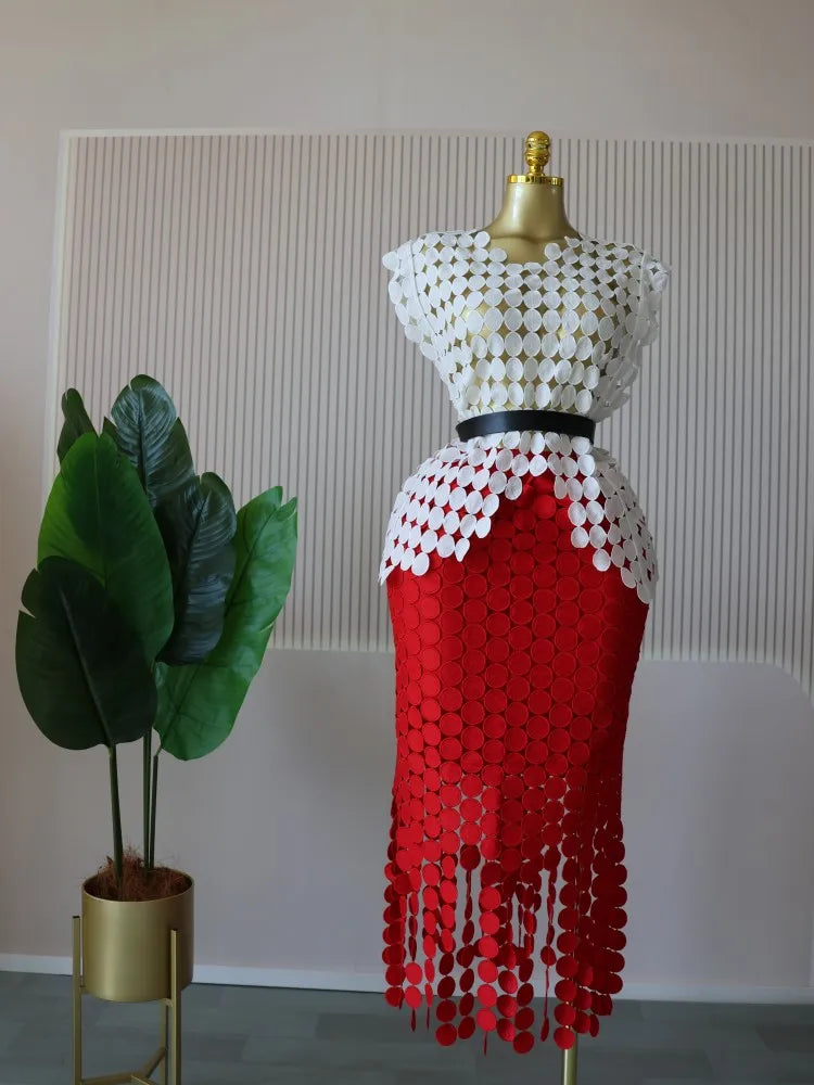 CM.YAYA Women Cutout O-neck Crop Top and Bodycon Midi Slim Maxi Long Skirt Suit 2025 Summer Vacation Sexy Two 2Piece Set Outfits white-red-belt One Size