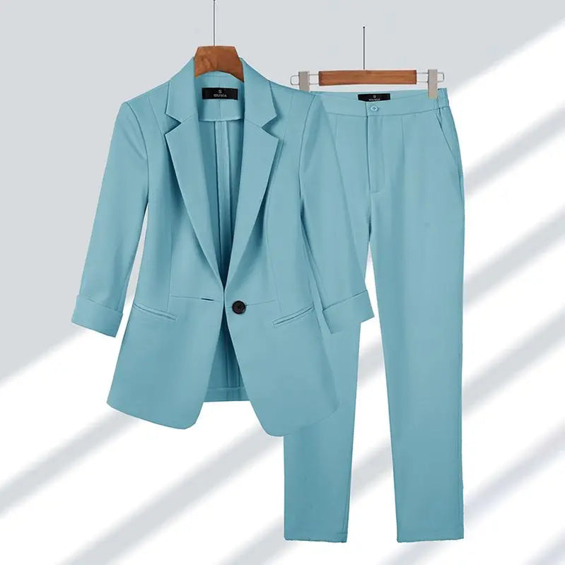 Spring Summer New Elegant Suit Jacket Matching Set Women's Korean Chic Blazers Coat Pants 2 Piece Female Professional Suit Blue Set