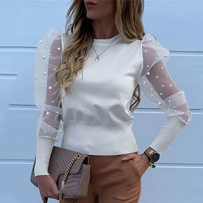 Lady Embroidery Lantern Sheer Mesh Sleeve Blouse shirts Women Autumn Polka Dot Print Blusa pullovers Elegant see through tops Ivory