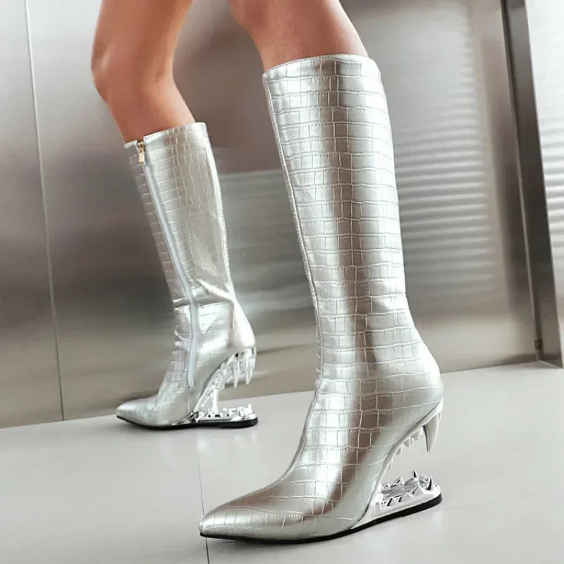 Short Plush 10cm Wolf Teeth Heel Knee Length Boots Back Zipper Pointed Colored Calf Winter Boots Silver Autumn Boots