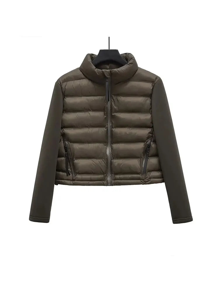 Nlzgmsj TRAF Women Fashion Side Pockets decoration Cropped Patchwork Coat Vintage Long Sleeve Zipper Outerwear Chic Tops green