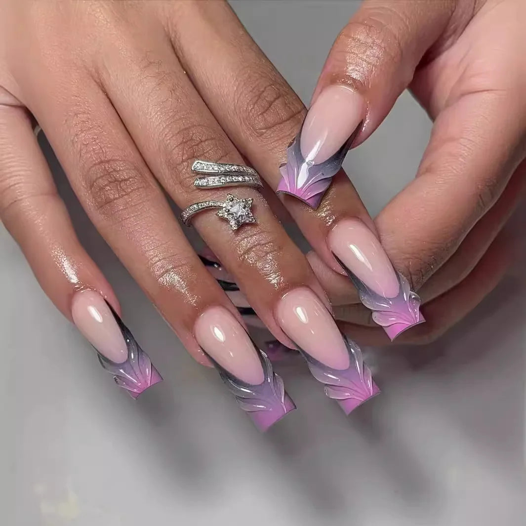 24Pcs Wearable False Nails with Rhinestone Long Square Press on Nails French Pink Flower 3D Bow Design Fake Nail Manicure Tips