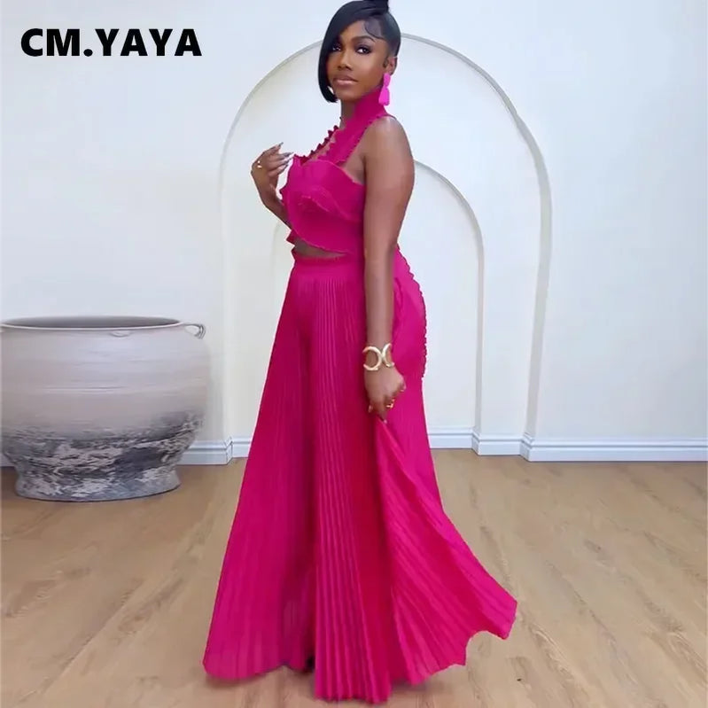 CM.YAYA Streetwear Women's Set Sleeveless Halter Crop Pleated Top+Wide Leg Pants Elegant 2024 Fall Party Two 2-Piece Set Outfits