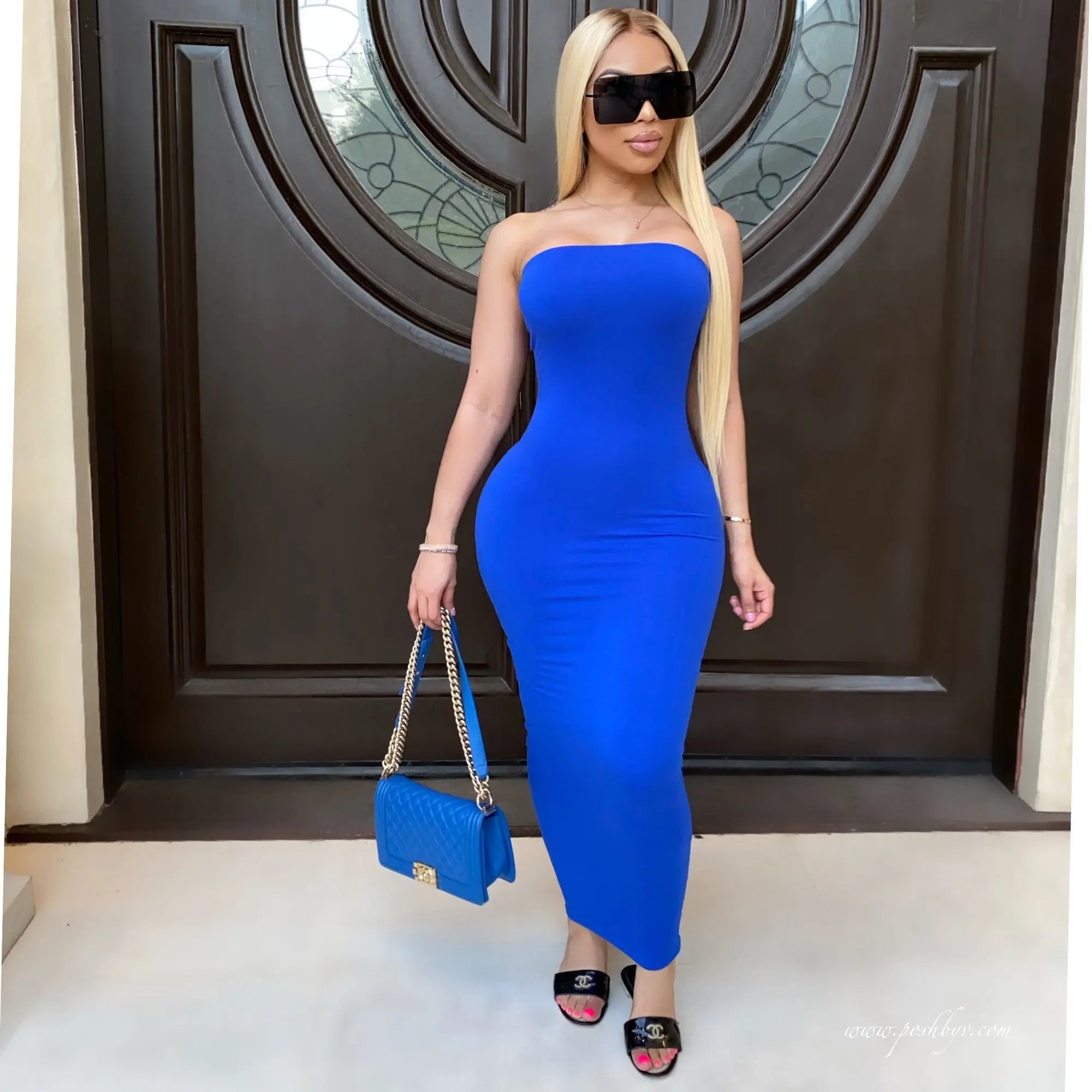 summer women's sexy sleeveless chest wrapped Long Beach Dress Blue