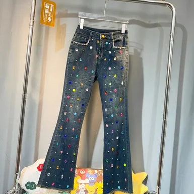 Exquisite Rhinestone Beaded Black Bell-Bottom Pants Women's Autumn Winter Jeans High Waist All-Matching Denim Blue Pants Blue