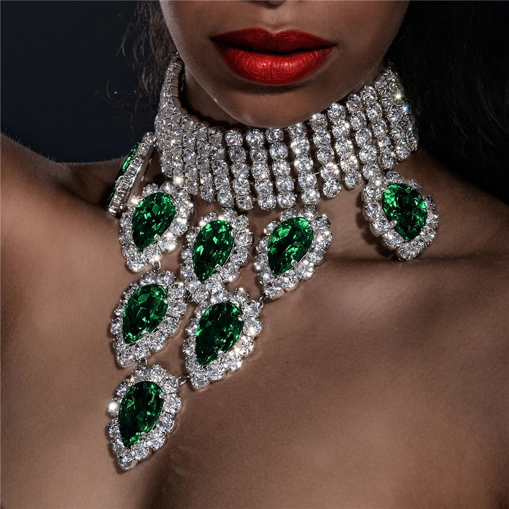 Luxury Noble Crystal Water Drops Bridal Jewelry Sets Rhinestone Necklace Earrings Set for Bride African Jewelry Accessories 06