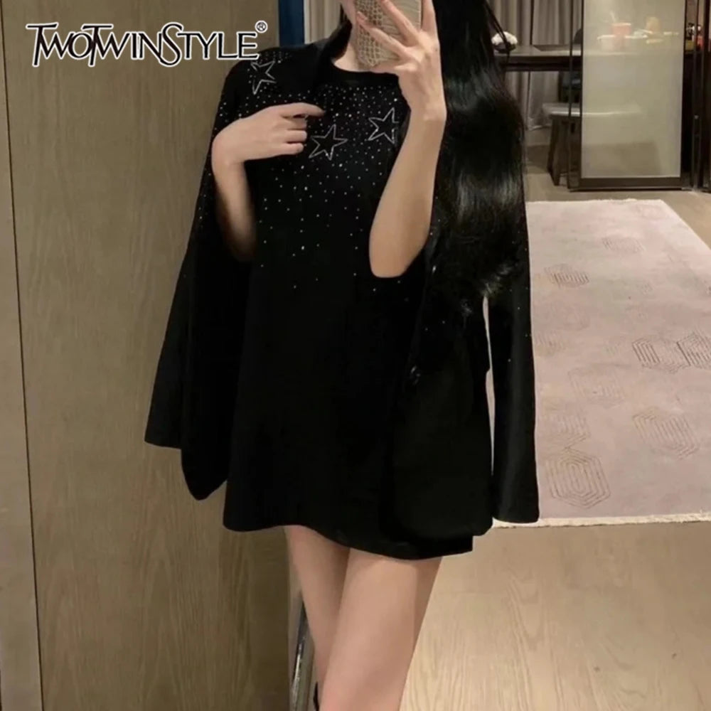 TWOTWINSTYLE Solid Spliced Bedazzle Jackets for Women Lapel Long Sleeves Patchwork Single Breasted Temperament Jacket Female New