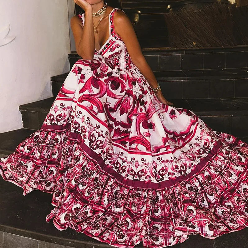Runway Red White Porcelain Floral Print Long Maxi Beach Dresses Women Straps Sundress