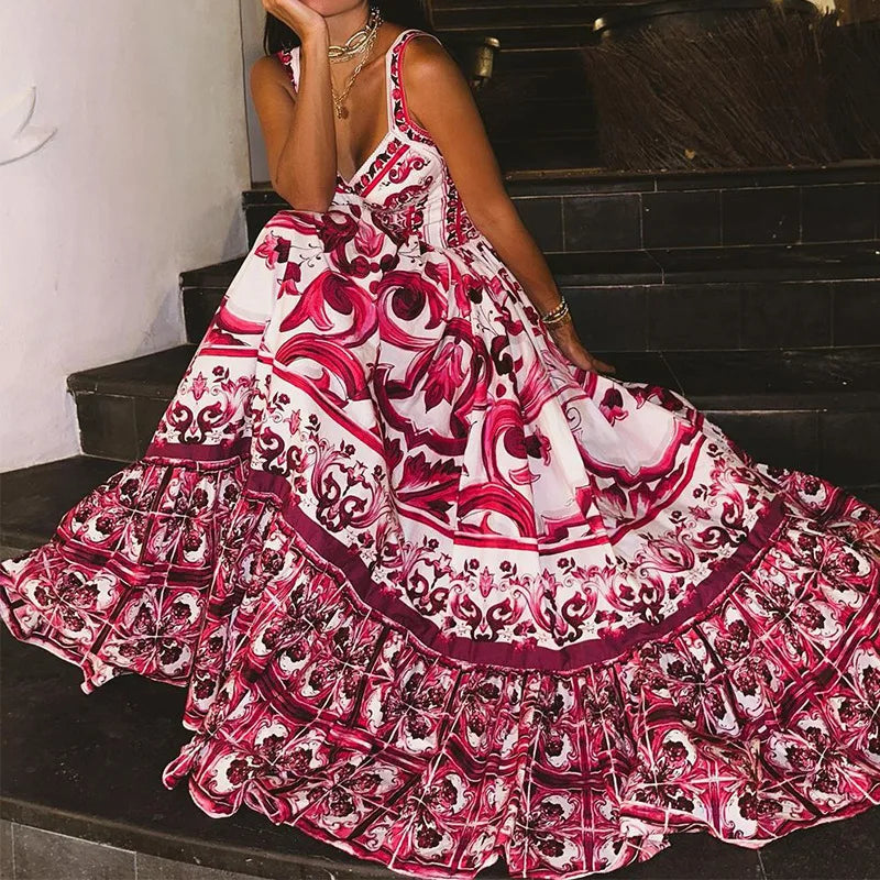 Runway Red White Porcelain Floral Print Long Maxi Beach Dresses Women Straps Sundress