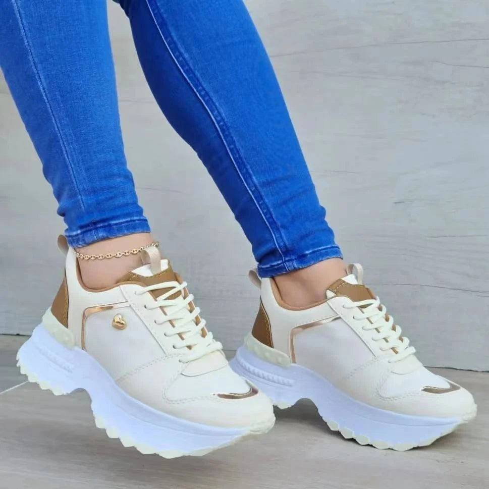 Spring autumn new low top shallow mouth thick bottom tie round head Fashion Female Lace Up casual sports shoes woman Apricot