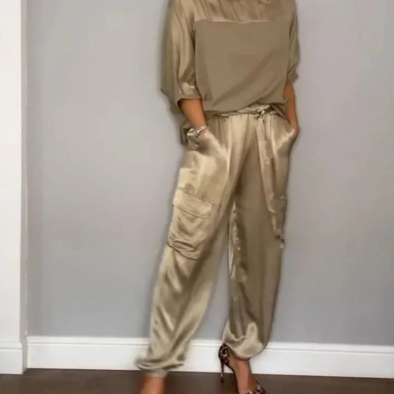 Summer Fashion Solid Satin Two Piece Set Women Round Neck Long Sleeved Top Long Pants Casual Loose Two Piece Set Women Khaki