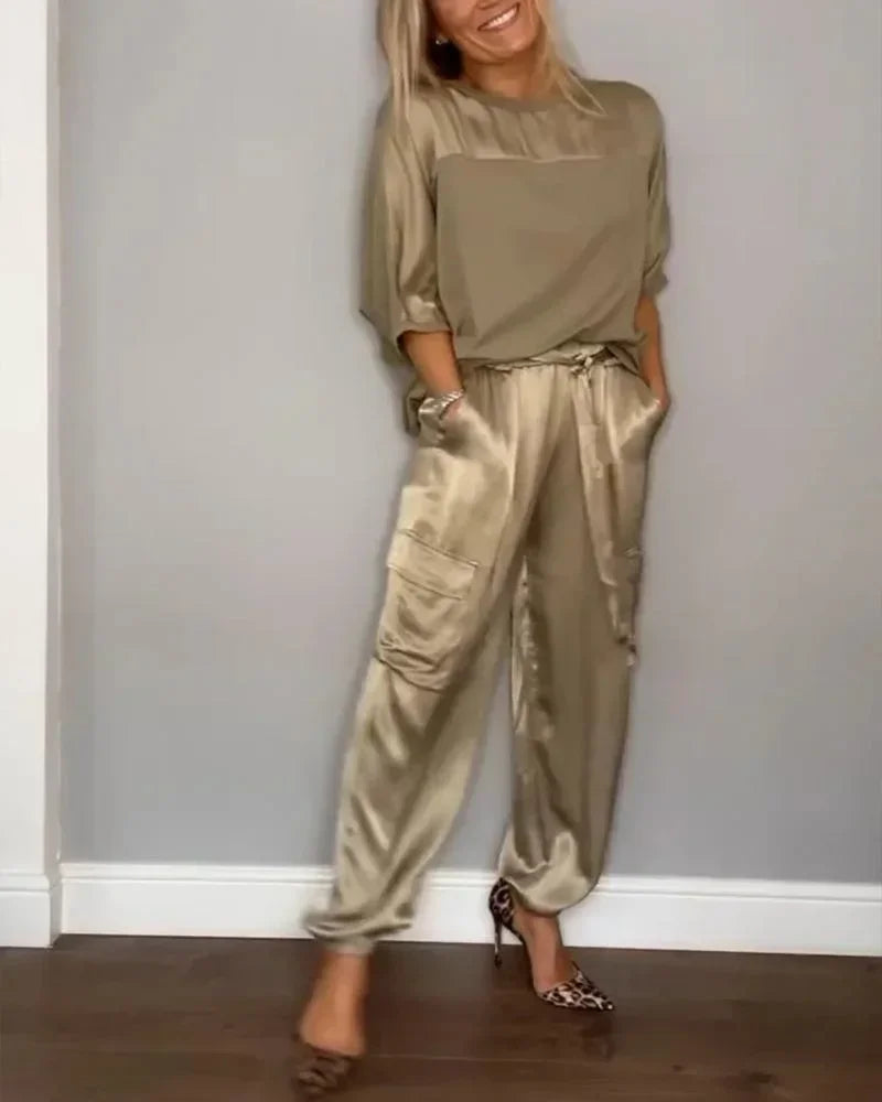 Summer Fashion Solid Satin Two Piece Set Women Round Neck Long Sleeved Top Long Pants Casual Loose Two Piece Set Women Khaki