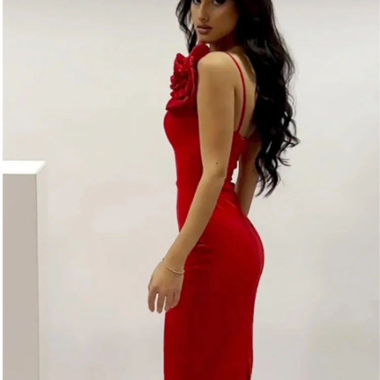 Summer Women Sexy Rhinestones Florals One Shoulder Sexy Bodycon Long Dress Birthday Fashion Cocktail Party Dress