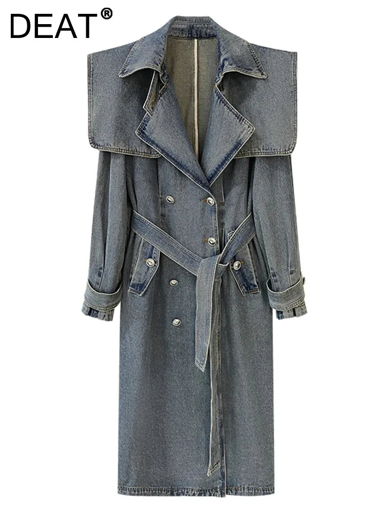 DEAT Fashion Women's Denim Jackets Loose Big Double Layer Collar Single Breasted Long Sleeve Sashes Coat Winter New 17A4709