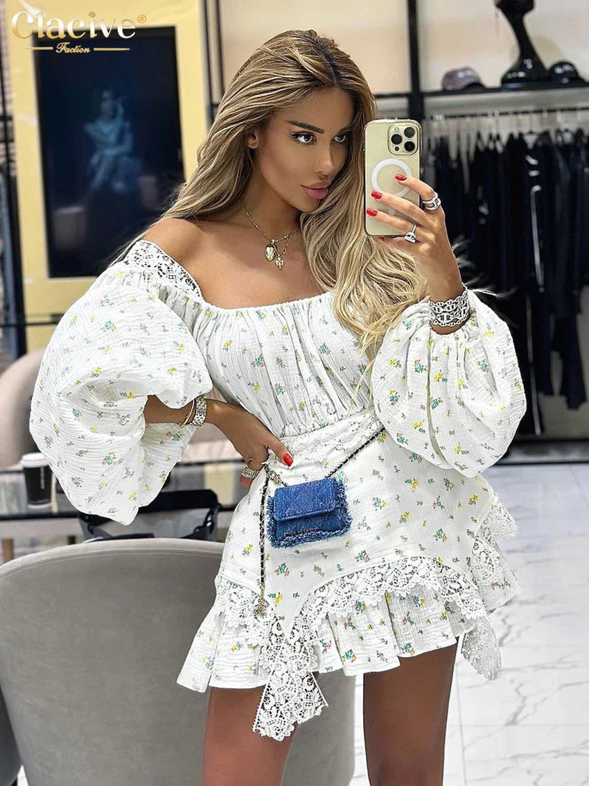 Clacive Sexy Loose Print Women'S Dress Fashion Square Neck Puff Sleeve Mini Dress Elegant Lace Spliced Pleated Female Dress WHITE