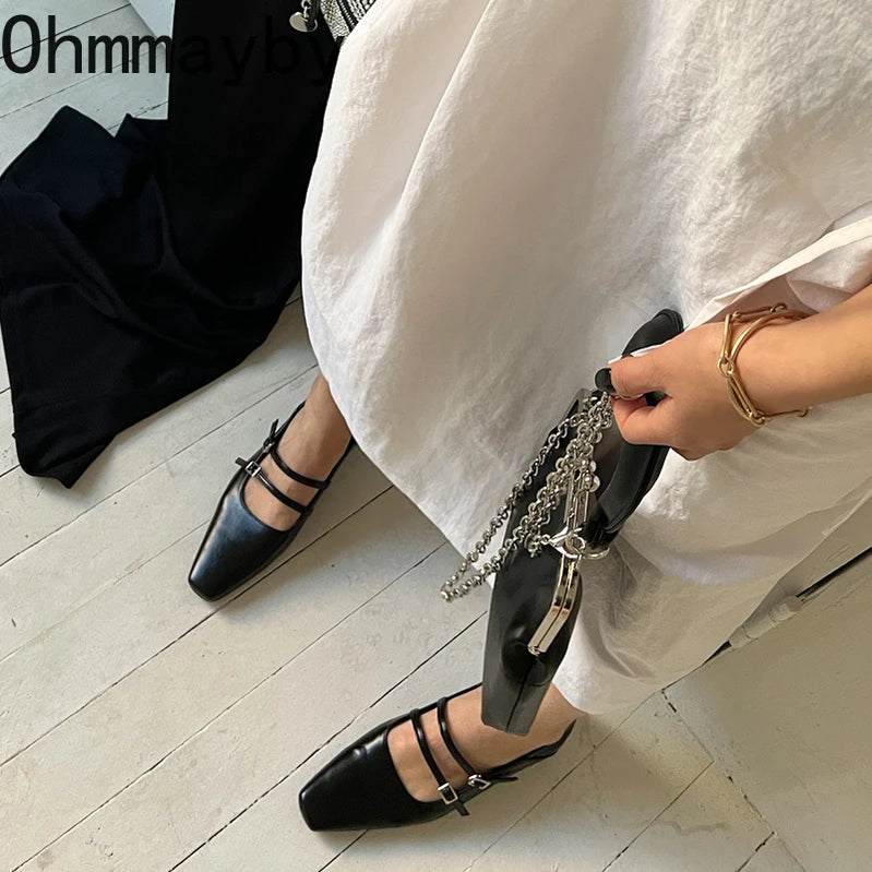 Spring Designer Women Ballet Flats Fashion Elegant Square Toe Slip On Shoes Ladies Comfort Soft Sole Leather Single Shoes