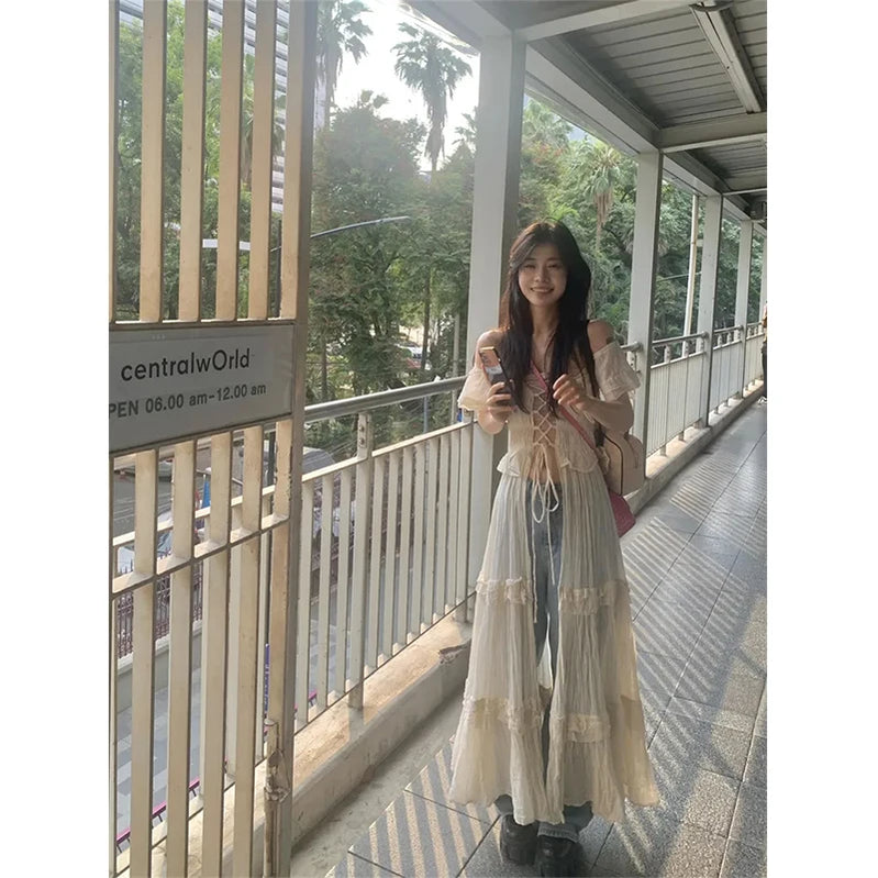 Sweet Ruffles Dress Women Y2K Slash Neck Bandage Robe Vintage Streetwear Hollow Out Dresses Korean Tunic Maxi Vestidos New Picture Color