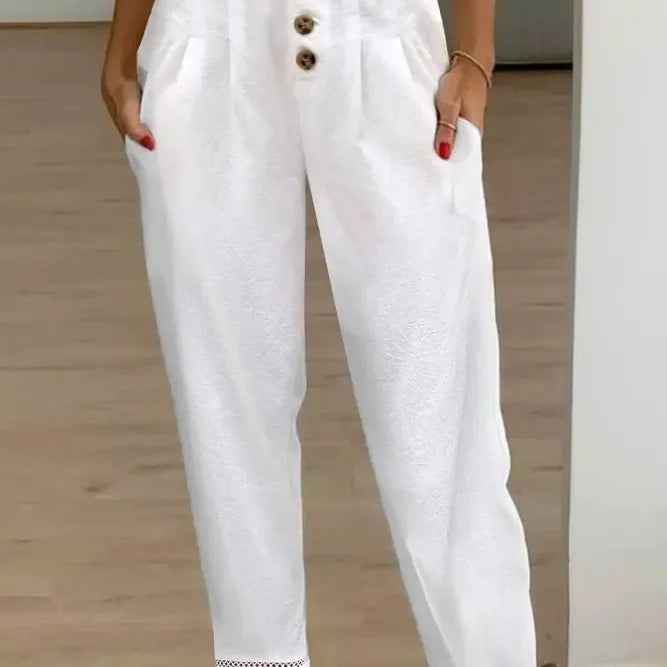 Women's Casual White Pants High Waist Button Slim Solid Pockets Pencil Pants Female Soft Breathable Women Trousers Joggers White