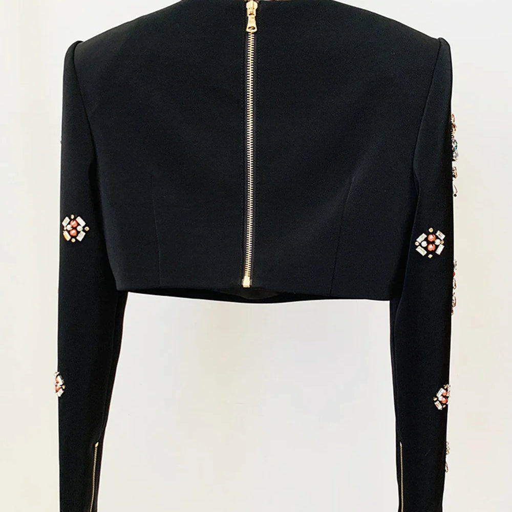 Ailigou 2023 New Autumn Women's High Quality Fashion Sexy Luxury Colorful Diamond Bead Short Top+Dress Black Two Piece Set