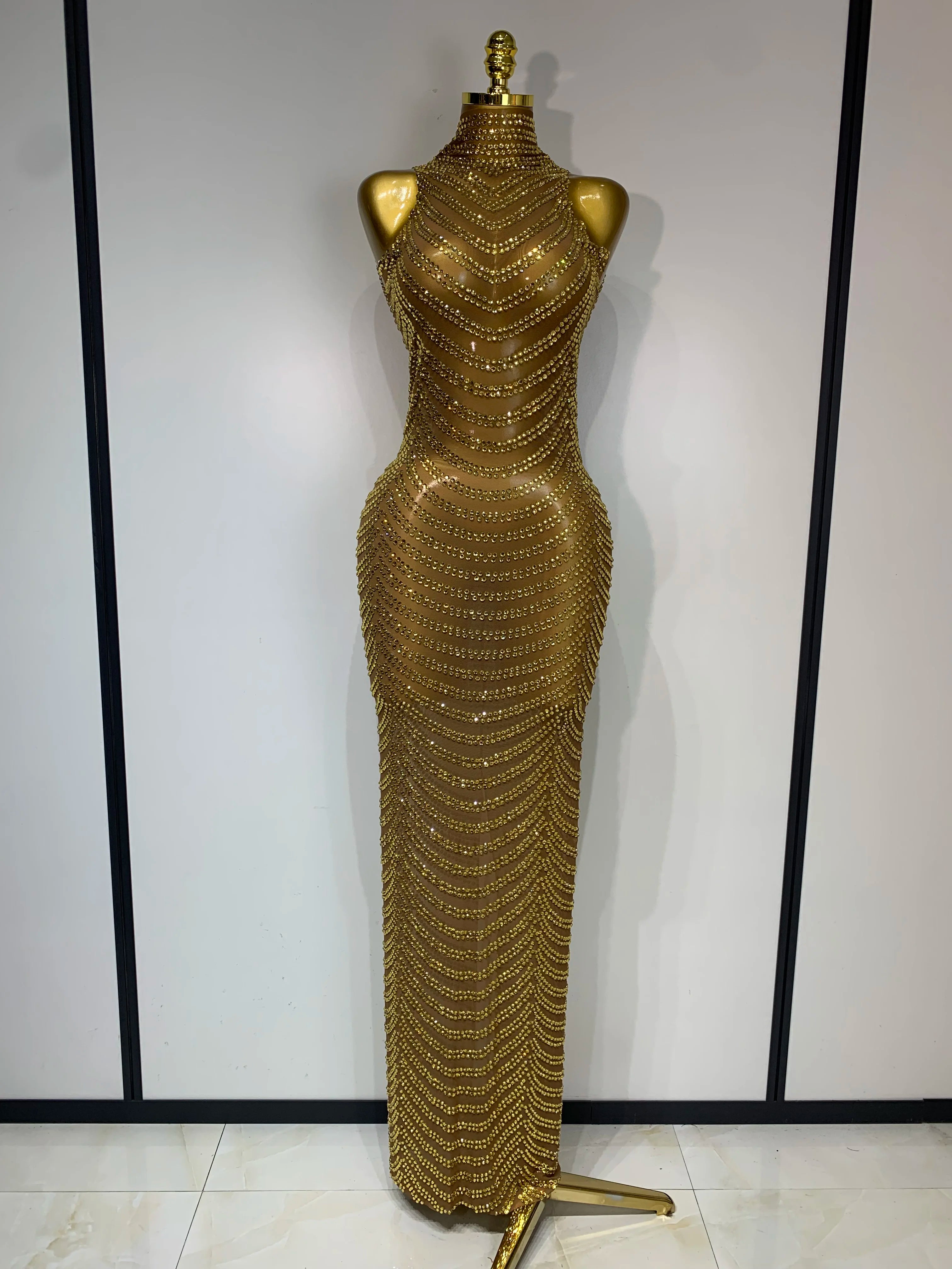 Women Sexy Sparkly Rhinestone Gold Maxi Dress Mesh See Through Evening Party Singer Stage Perform Costume Luxury Birthday Gown