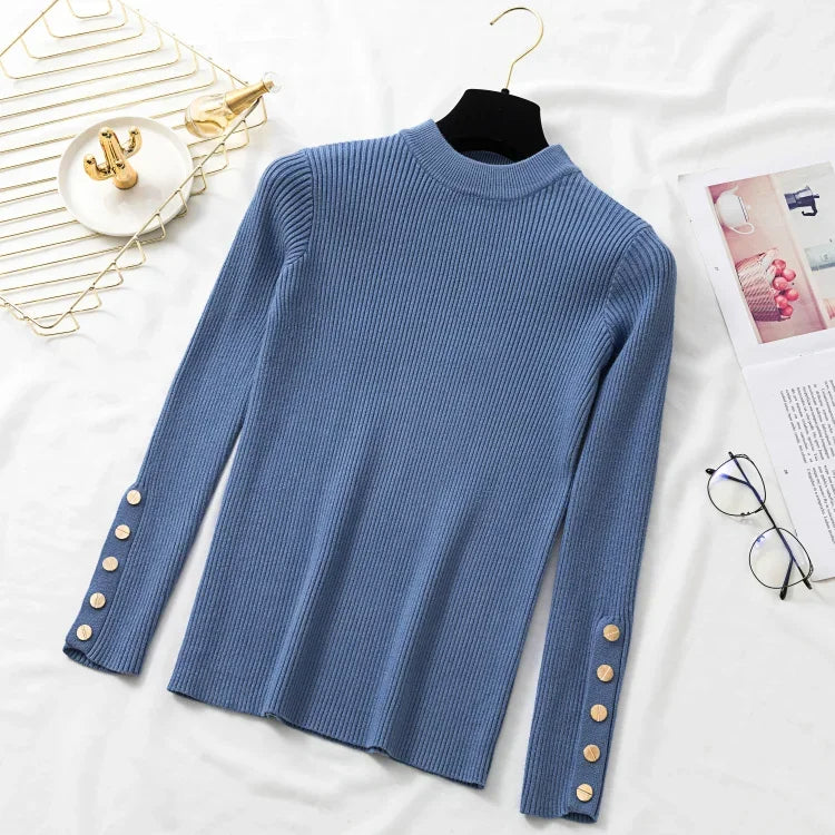 Casual Autumn Winter Women Thick Sweater Pullovers Button Long Sleeve O-neck chic Sweater Female Slim Knitted Soft Jumper Tops Blue One Size