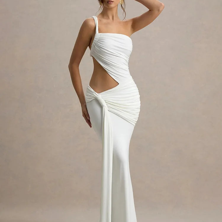 Irregular Ruched Sexy Maxi Dress For Women Gown Hollow Out One Shoulder Sleevelessdraped Bodycon Club Party Long Dress