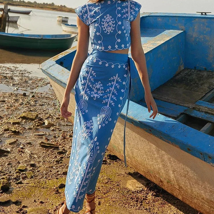 Bohemia Cotton Linen Printed T-shirt Skirts Suit Women Casual O-neck Short Top Lace-Up Dress Sets Summer Beach Women Outfits