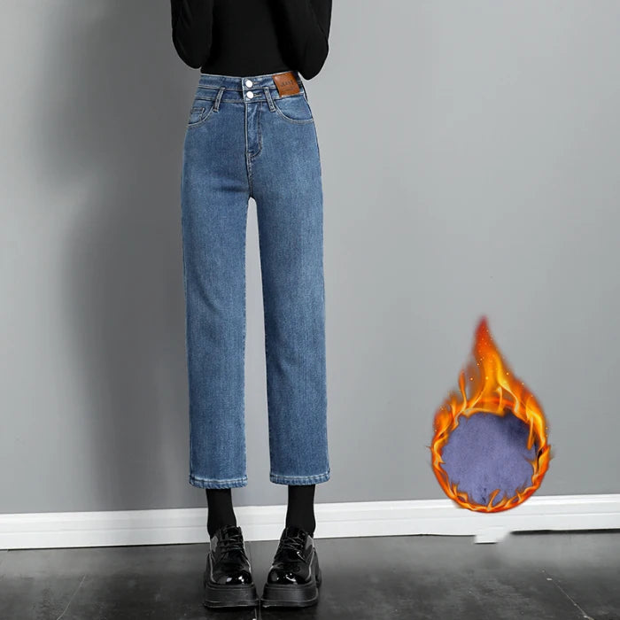 Autumn Winter Denim Jeans Women Double Row Vertical Buckle High Waisted Elastic Brand Slim Straight Warm Classic Smoke Pants Vintage Blue