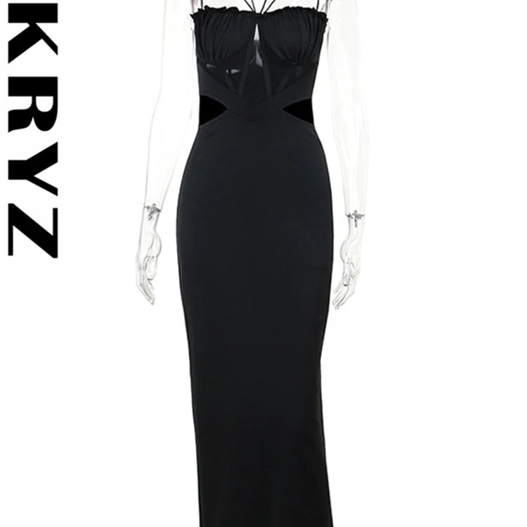 Ladies Autumn Sleeveless Backless Lace Up Halter Hollow Out Maxi Dress For Women New Fashion Evening Party Club Wear Y2K Clothes