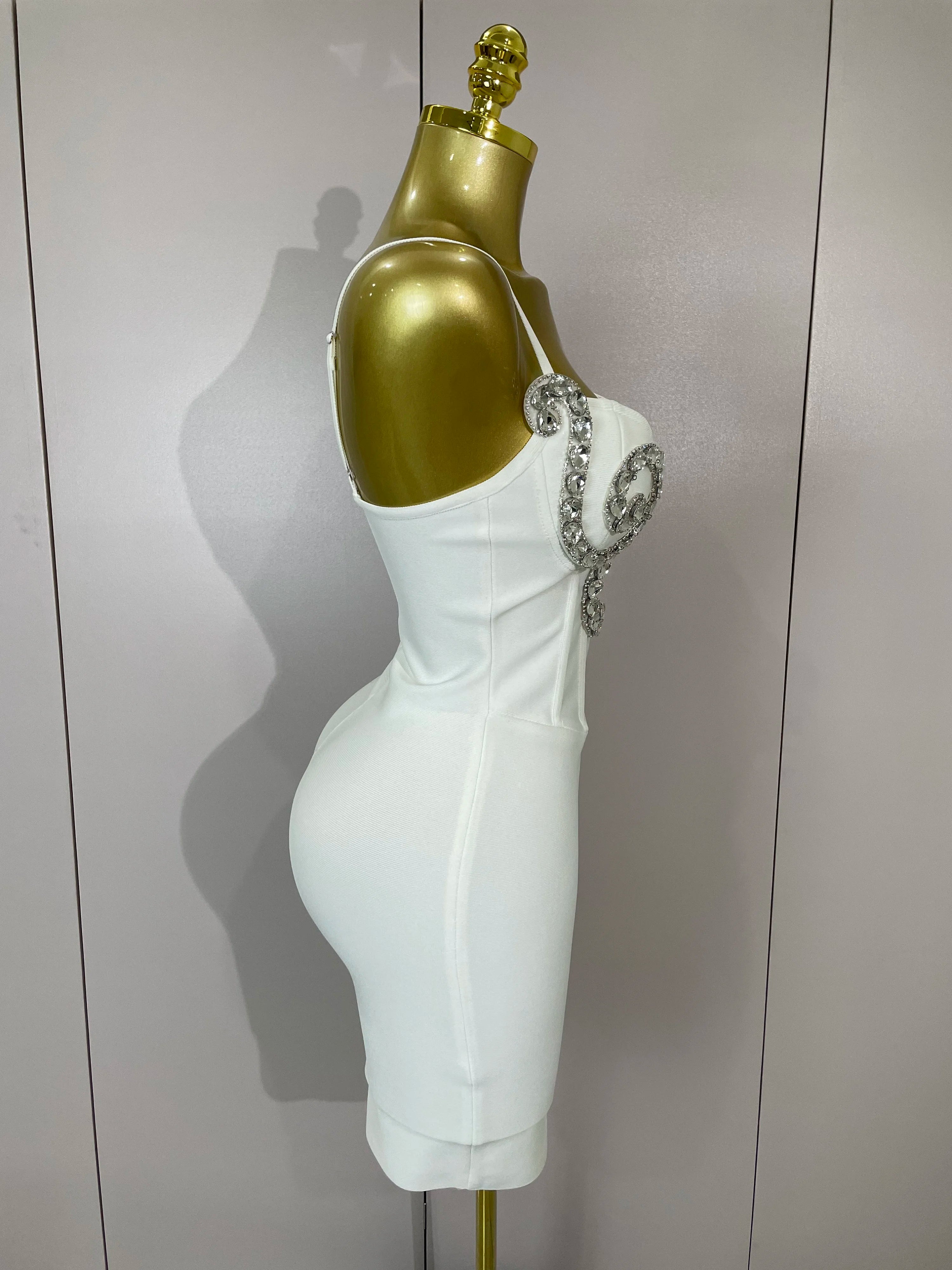 Sexy White Spaghetti Strap V Neck Crystal Sleeveless Bandage Dress Women Elegant Evening Party Cocktail Luxury Birthday Gowns