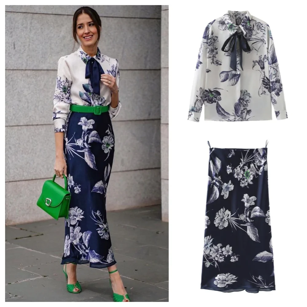 UNIZERA  Spring New Fashion Bow Decoration Printed Shirt+High Waist Versatile Long Skirt Spliced with Silk Texture Skirt