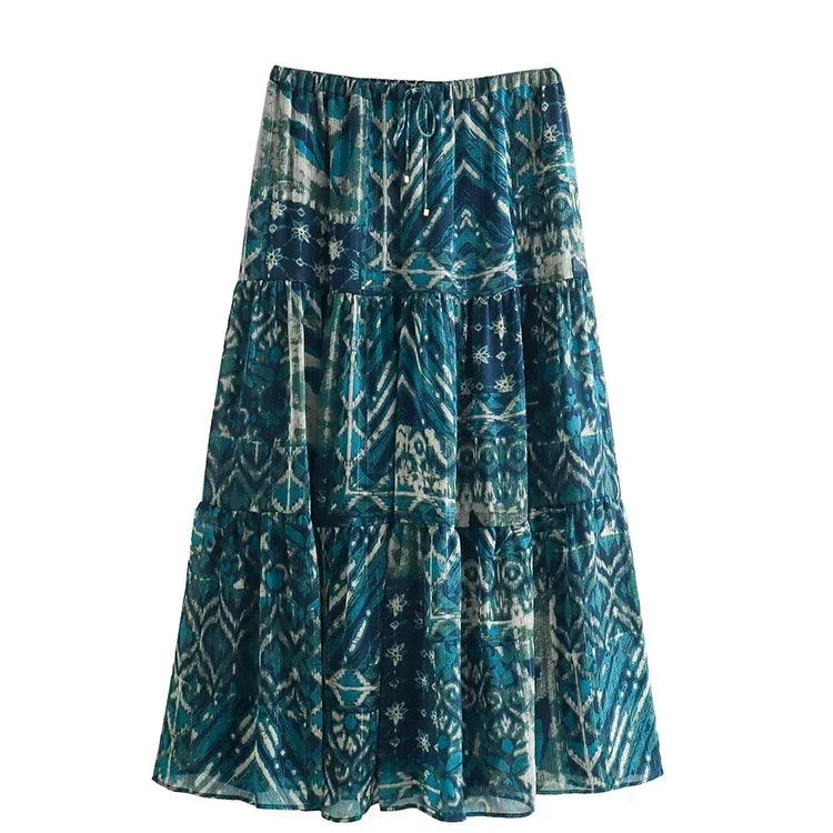 TRAF New Women Long Skirt Set Casual Long Sleeve Print Shirts + High Waist Slim Ankle-Length Skirts Set