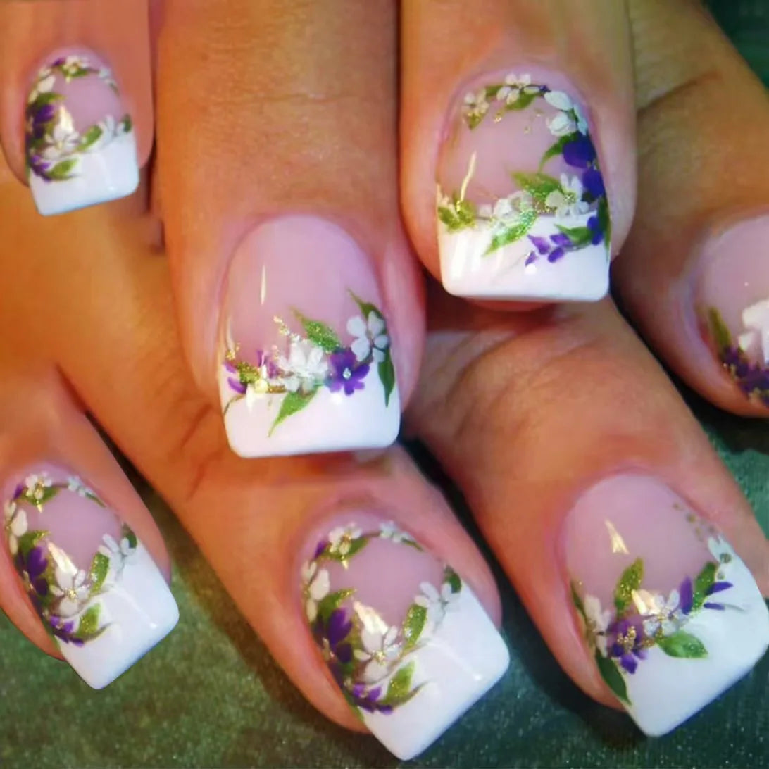 24Pcs Short Square Head French False Nails Press on With Simple Flower Design Fake Nail for Woman Reusable Full Cover Nails Tips