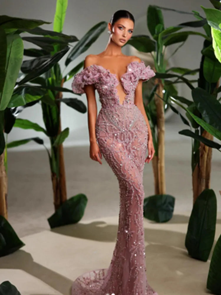 Luxury Sexy Off Shoulder Ruffles Pink Mesh Sequins Maxi Long Women Celebrity Dress 2024 Elegant Party Evening Club Vestido