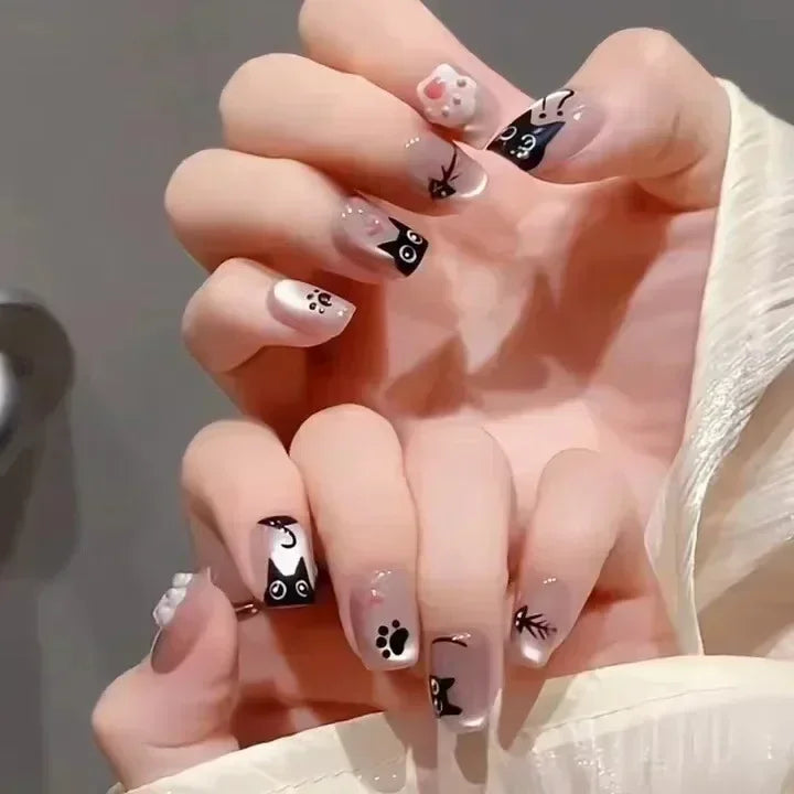 24Pcs Solid Black Short False Nails with Rose Pattern Design Ballerina Square Artificial Full Cover Press on Nail Tips for Girls