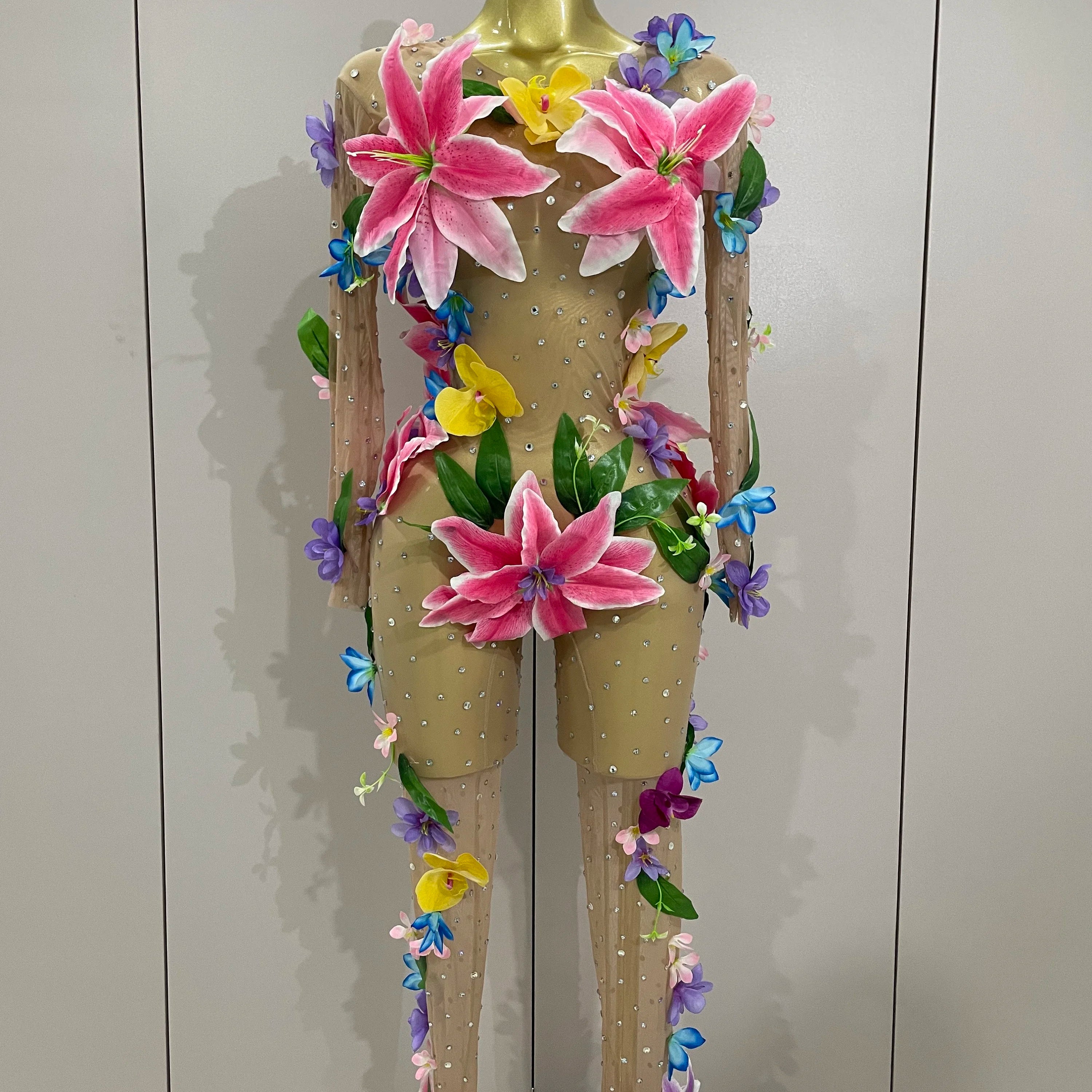 2025Sparkly Rhinestones 3D Flower Nude Mesh Transparent Jumpsut Women Evening Party Birthday Nightclub Performance Stage Costume