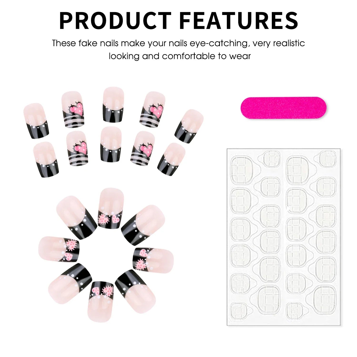 Y2K Girls Black French Fake Nails 24Pcs Short Square Press On Nails Pink Love Heart/Dot Printed Valentine's Day Charm Manicure