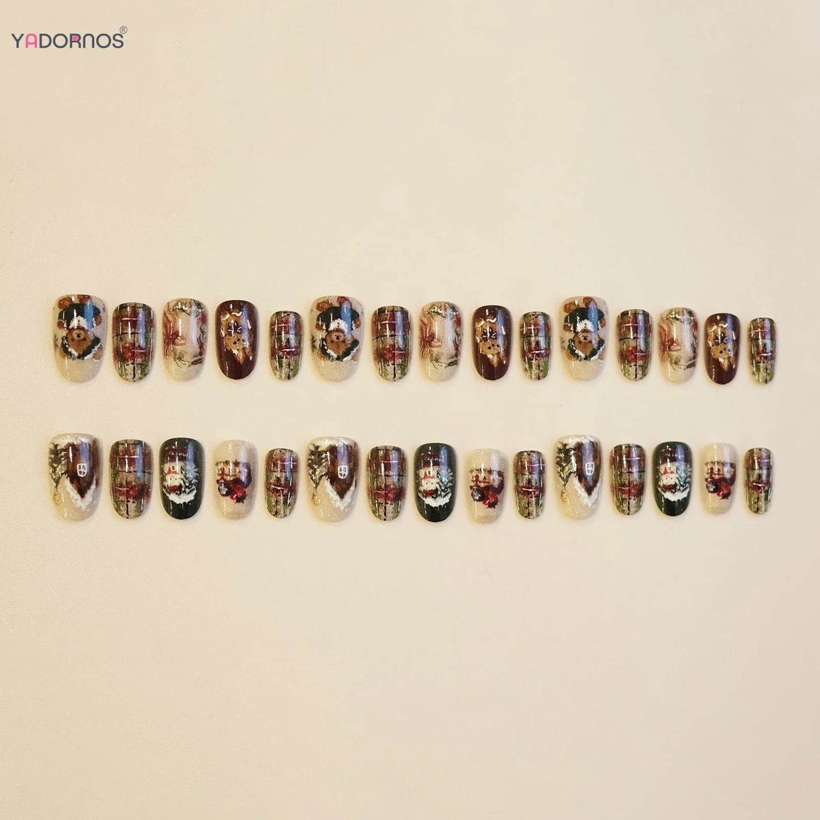Short Oval Shaped Fake Nails Cartoon Bear/Snowman/Xmas Tree Printed Autumn Press On Nails Christmas Party False Nails 24Pcs