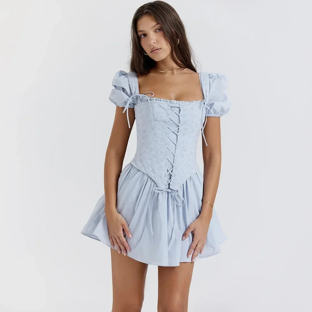 Suninheart Summer Blue Puff Sleeve Corset Dress Mini Elegant A Line Lace Up Holiday Party Dress Square Neck Women Dress 2023