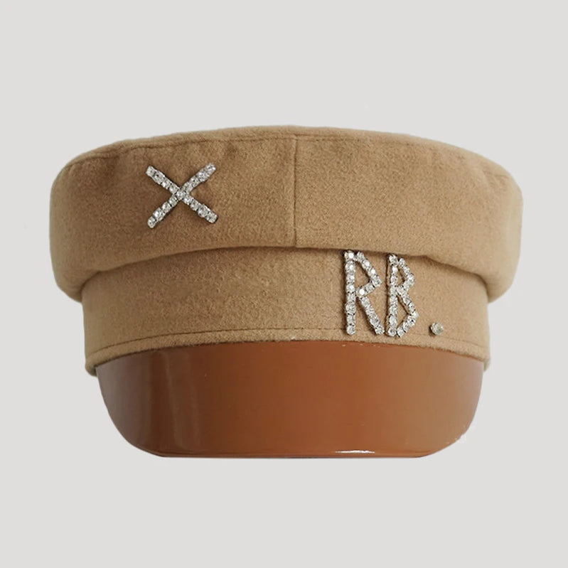 Women Hats Crystal baker boy hat Wool Newsboy Caps Female Flat Militray Caps Visor S-XL Patchwork-Brown