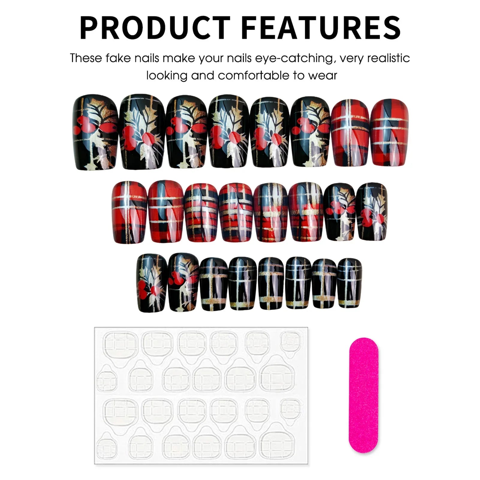 24Pcs Christmas Fake Nails Red/Gold/Black Striped Designs Short Square Press On Nails For Women New Year Party Charm Manicure