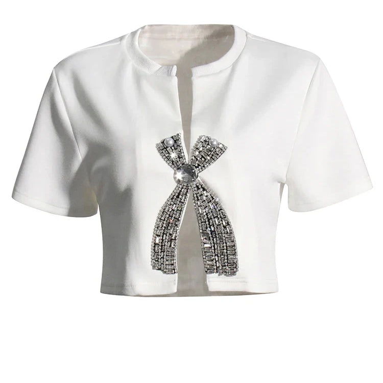 VGH Solid Patchwork Diamonds Split T Shirt For Women Round Neck Short Sleeve Slimming Minimalist T Shirts Female Fashion Style WHITE