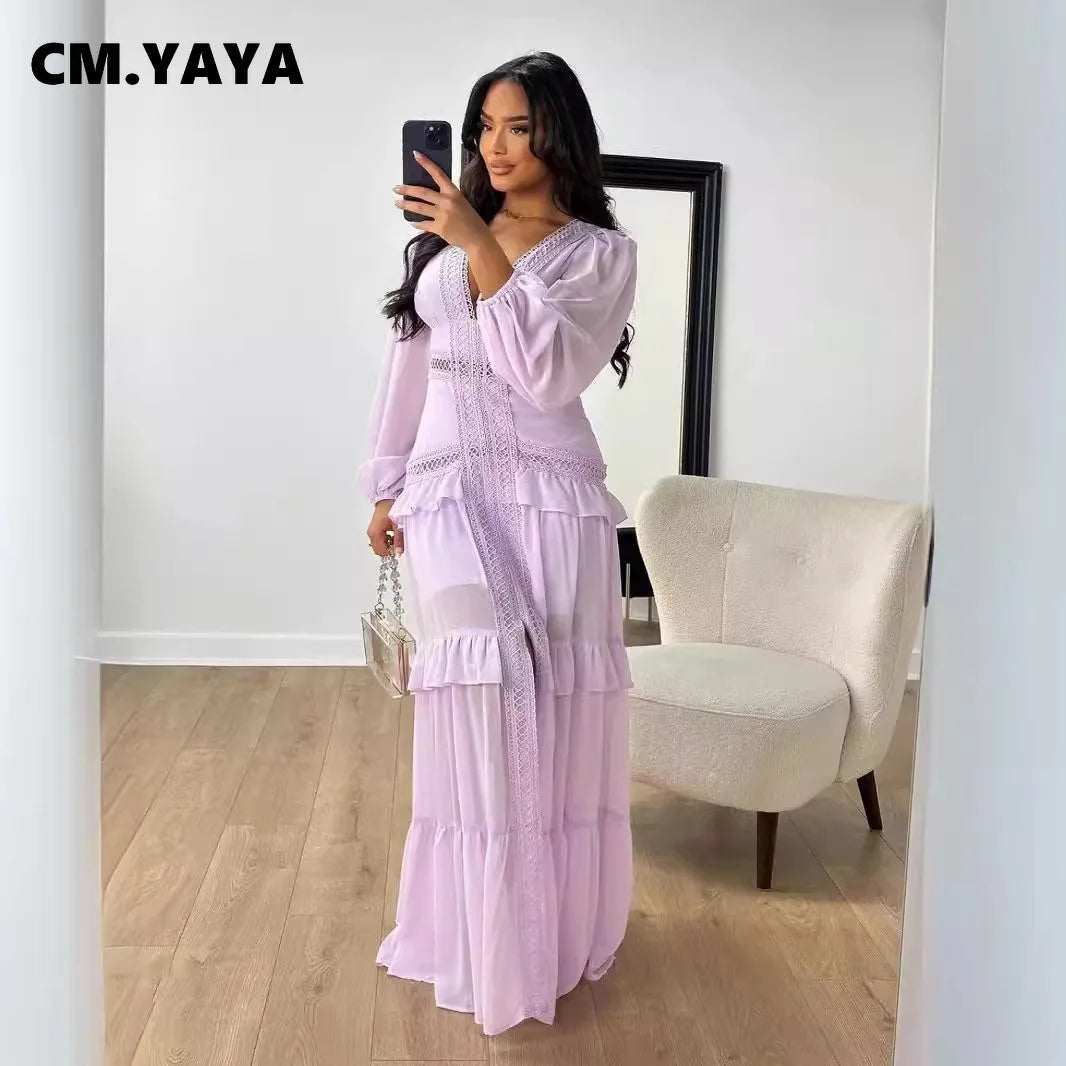 CM.YAYA Women V-neck Full Sleeve Ruffles Lace Long Maxi Dress 2025 Spring Beach Holiday Party Sexy Street Vestidos Sexy Dresses