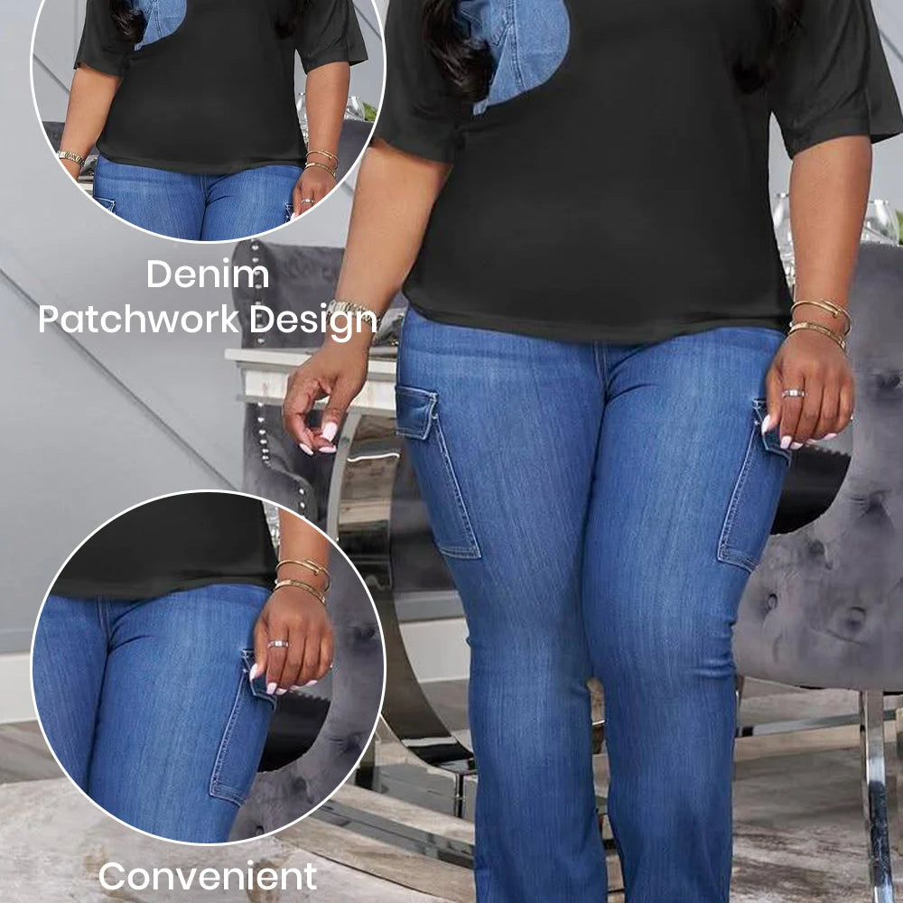 Plus Size Business Casual Black Round Neck Short Sleeve Pocket Denim Two Piece Pant Sets