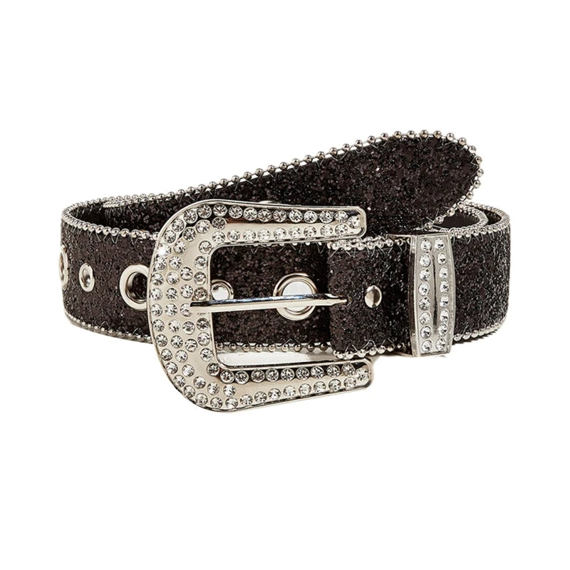 Shinning for Rhinestone Belts Women PU Leather Western Y2K Girls Belt for Jeans Black