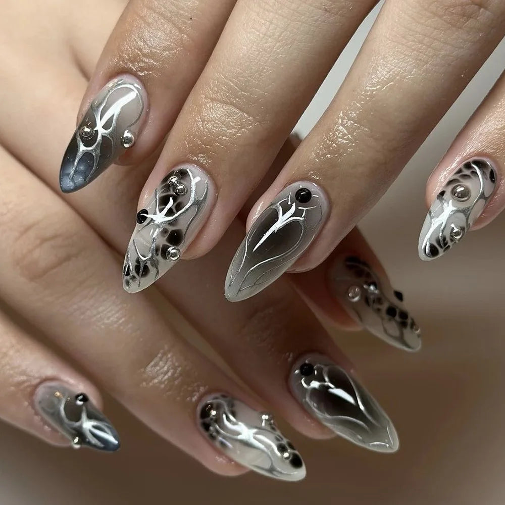 24pcs Y2K Fake Nails Black Blush Almond False Nail Patch Sliver Flame Printed Full Finished Wearable Press on Nail for Women