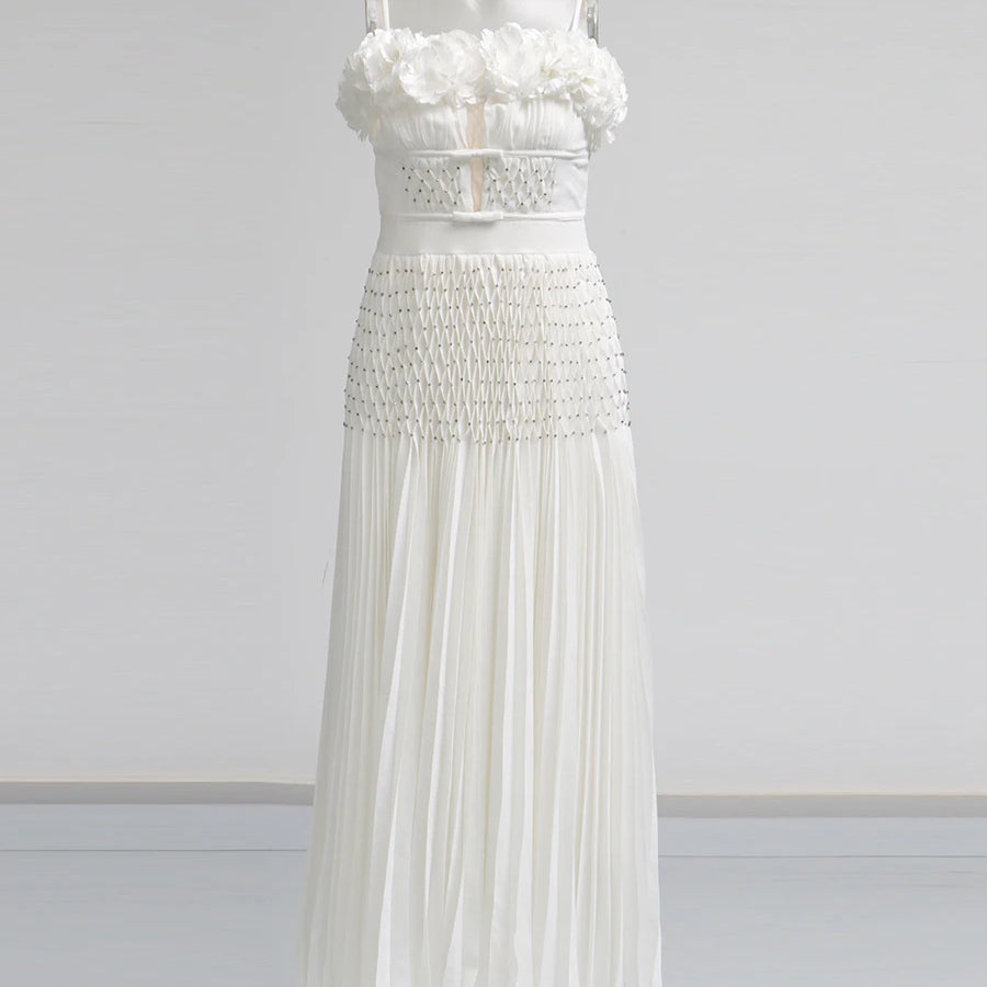 TWOTWINSTYLE Solid Spliced Appliques Elegant Dresses for Women Deep V Neck Sleeveless Patchwork Folds Dress Female Fashion New