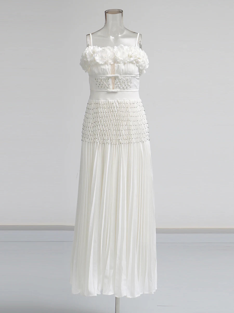 TWOTWINSTYLE Solid Spliced Appliques Elegant Dresses for Women Deep V Neck Sleeveless Patchwork Folds Dress Female Fashion New