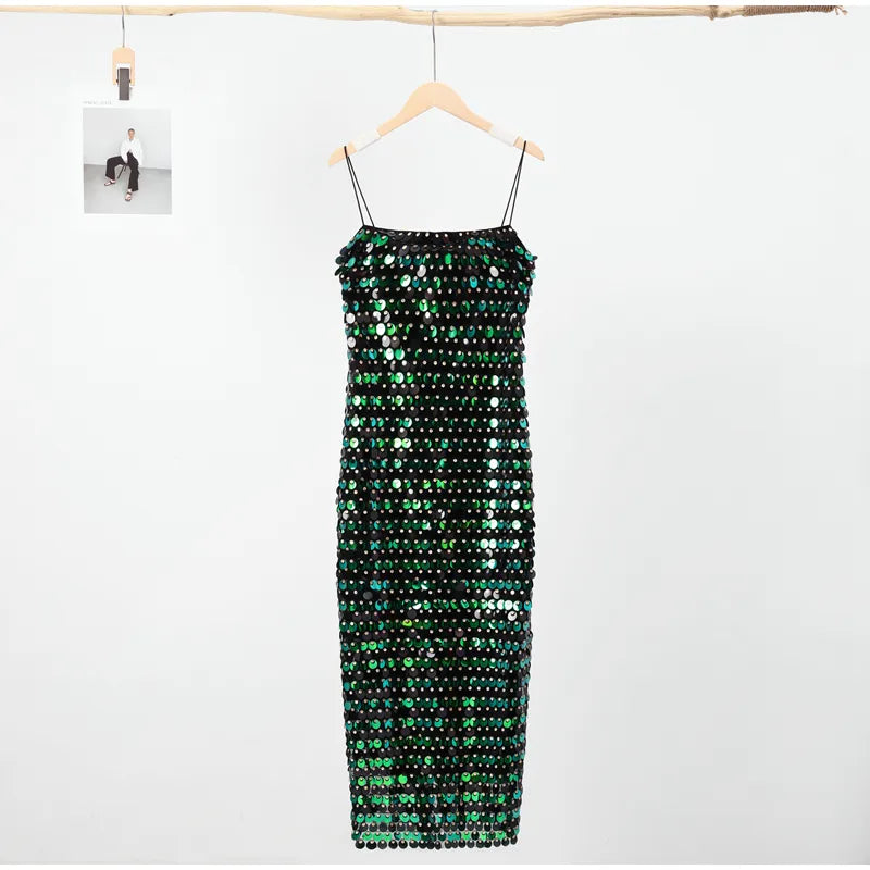 Sequined Tube Top Strap Dress Women Sexy Sleeveless Slim Solid Straight Long Vestidos Fashion Backless Slip Split Evening Robe 1